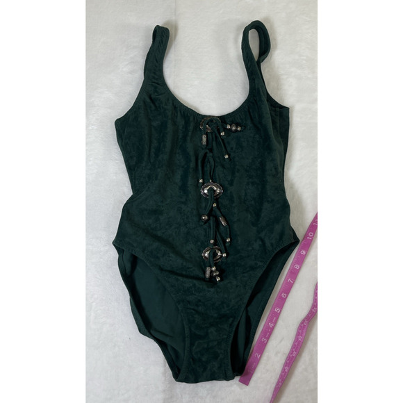Vintage Acqua & Pelle sz. 10 Green Faux Suede Western Style 1-pc Bathing Suit - Picture 7 of 12